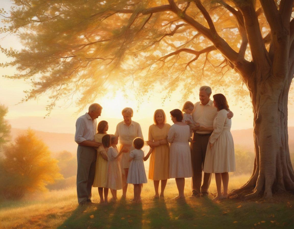 A warm family gathering, featuring multi-generational members sharing stories, enveloped in a golden sunset glow. Delicate tree branches intertwine above them, symbolizing lineage, with hearts subtly woven into the branches. Vintage family photos gently scattered around, reflecting love and connection. A sense of nostalgia and warmth permeates the scene, inviting viewers to feel the bonds of kinship. soft focus. pastel colors. painting.