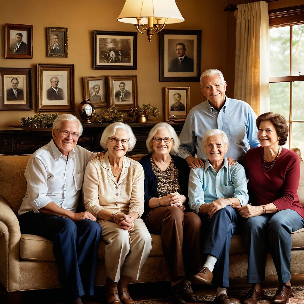 A warm and inviting scene depicting a multi-generational family gathering in a cozy, sunlit living room adorned with ancestral photographs and heritage artifacts. Capture the love and connection among family members as they share stories, laughter, and meaningful glances. Emphasize the rich colors of the room, creating an atmosphere of nostalgia and warmth. A subtle, decorative family tree motif subtly blends into the background, symbolizing the depth of their ties. super-realistic. warm tones. soft lighting.