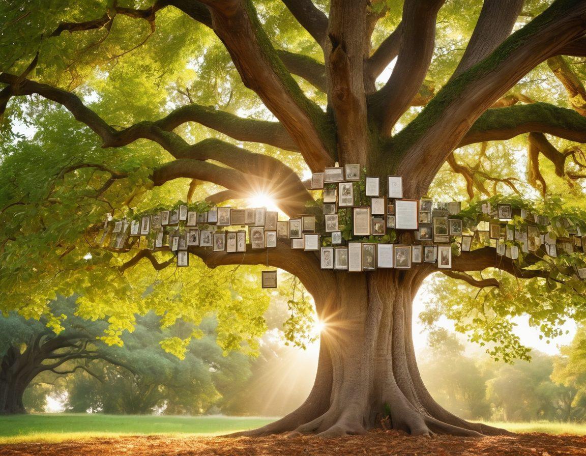 A family tree ascending through time, with vibrant green leaves representing different generations, intertwined with historical documents and photographs. At the base, a warm family gathering under a large oak tree signifies ancestral affection, while soft golden rays of sunlight filter through the branches, representing love connecting the past and present. dreamy, ethereal style. vibrant colors.